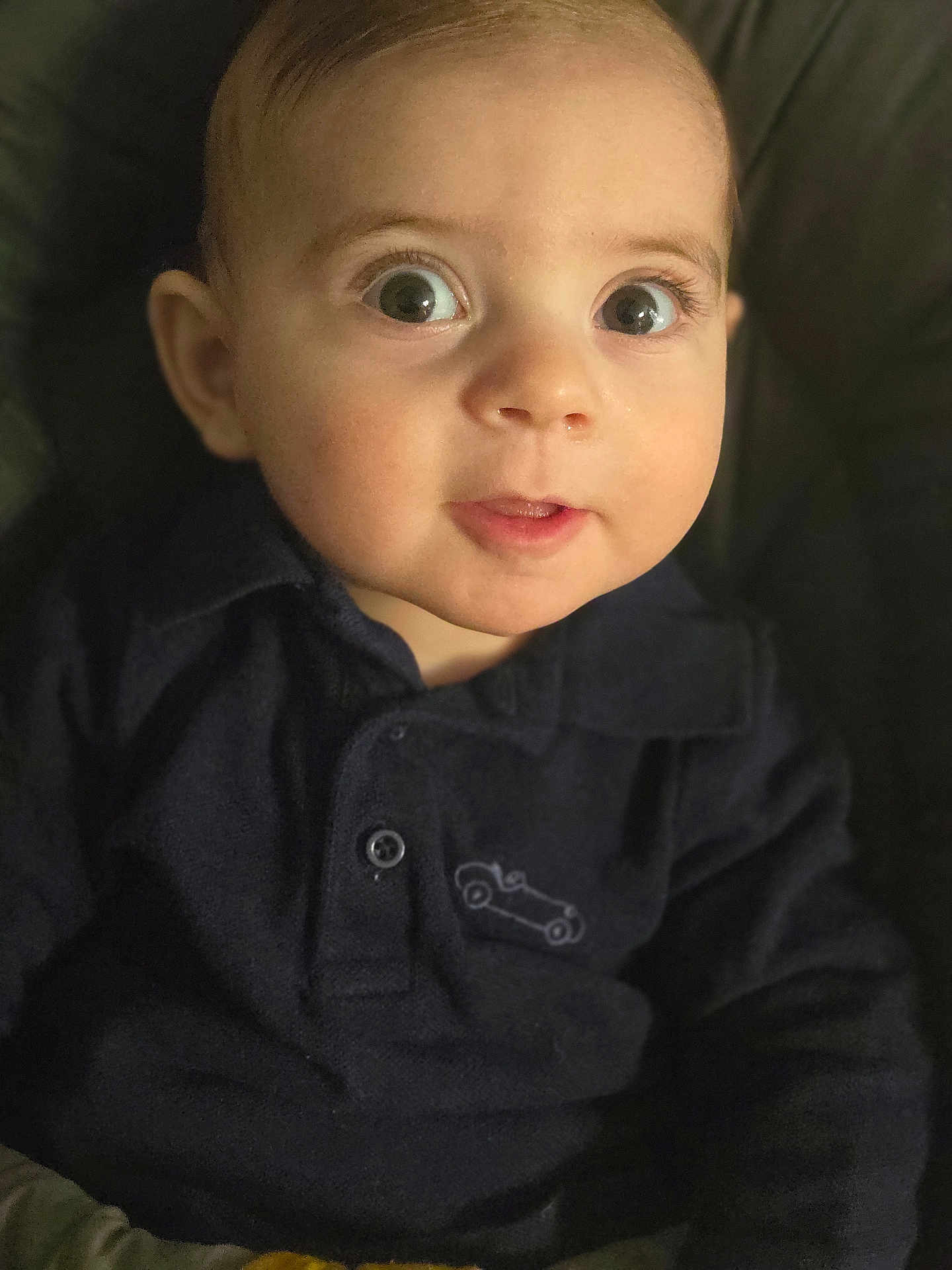 Ernest participe au concours pour gagner de l'argent avec cette photo : baby, child, face, eyes, curious, portrait, infant, clothing, dark_shirt, car_emblem, closeup, cute, person, skin, expression, indoors, young, head, sitting, soft_lighting
