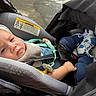 baby, infant, child, car_seat, vehicle, safety_harness, buckled, pacifier, sneakers, blue_socks, clothing, portrait, face, eyes, indoors, travel, transportation, gray, seated, infant_carrier