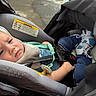 baby, infant, child, car_seat, vehicle, harness, pacifier, sitting, lying_down, face, portrait, eyes, cozy, clothing, socks, blue, gray, indoor, travel,  안전