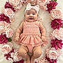 adorable, baby, baby_face, chubby_arms, cute, cute_outfit, decorative, floral_wreath, flower_arrangement, flowers, happy, headband, infant, lying_down, pastel_colors, pink_dress, portrait, smiling, soft_texture, white_background