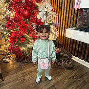 Grace joined the competition — help win amazing prizes! toddler, child, smiling, christmas_tree, holiday_decorations, pajamas, pink_purse, red_poinsettias, ornaments, wooden_floor, festive, indoor, happy, decor, lighting, cute, person, flooring, holiday, seasonal