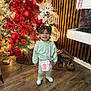 toddler, child, smiling, christmas_tree, holiday_decorations, pajamas, pink_purse, red_poinsettias, ornaments, wooden_floor, festive, indoor, happy, decor, lighting, cute, person, flooring, holiday, seasonal
