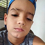 Daikel Jorge is registered to the contest to win money with this photo: child, boy, cap, backwards_cap, selfie, closeup, face, eyes_partially_closed, pout, serious_expression, sleeveless_shirt, tshirt, indoor, window, shelf, glassware, table, chair, portrait, young_person