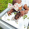 baby, child, mirror, reflection, grass, outdoor, headband, flower, daisy, skin, hand, face, curious, cute, nature, portrait, white_clothing, infant, closeup, playful