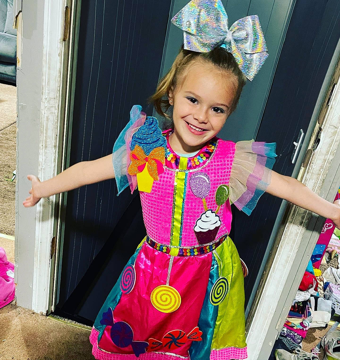 Addison joined the competition — help win amazing prizes! baby_toddler_clothing, child, costume, dress, electric_blue, event, facial_expression, fashion_accessory, fashion_design, fun, happy, joy, magenta, pattern, person, pink, product, purple, sleeve, smile