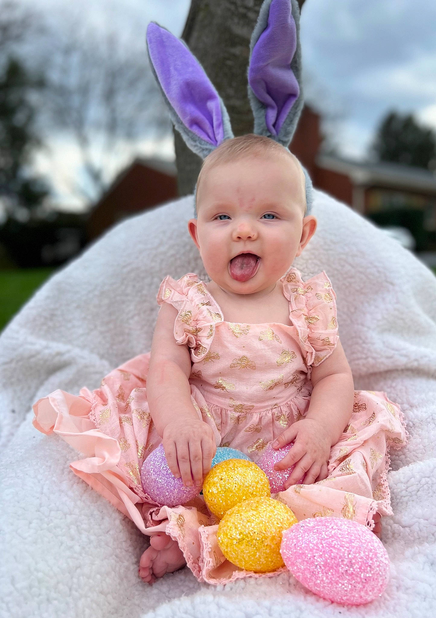 Eevee joined the competition — help win amazing prizes! baby, baby_toddler_clothing, blue, dress, eye, face, facial_expression, finger, grass, happy, head, headgear, person, pink, product, purple, skin, sky, smile, textile