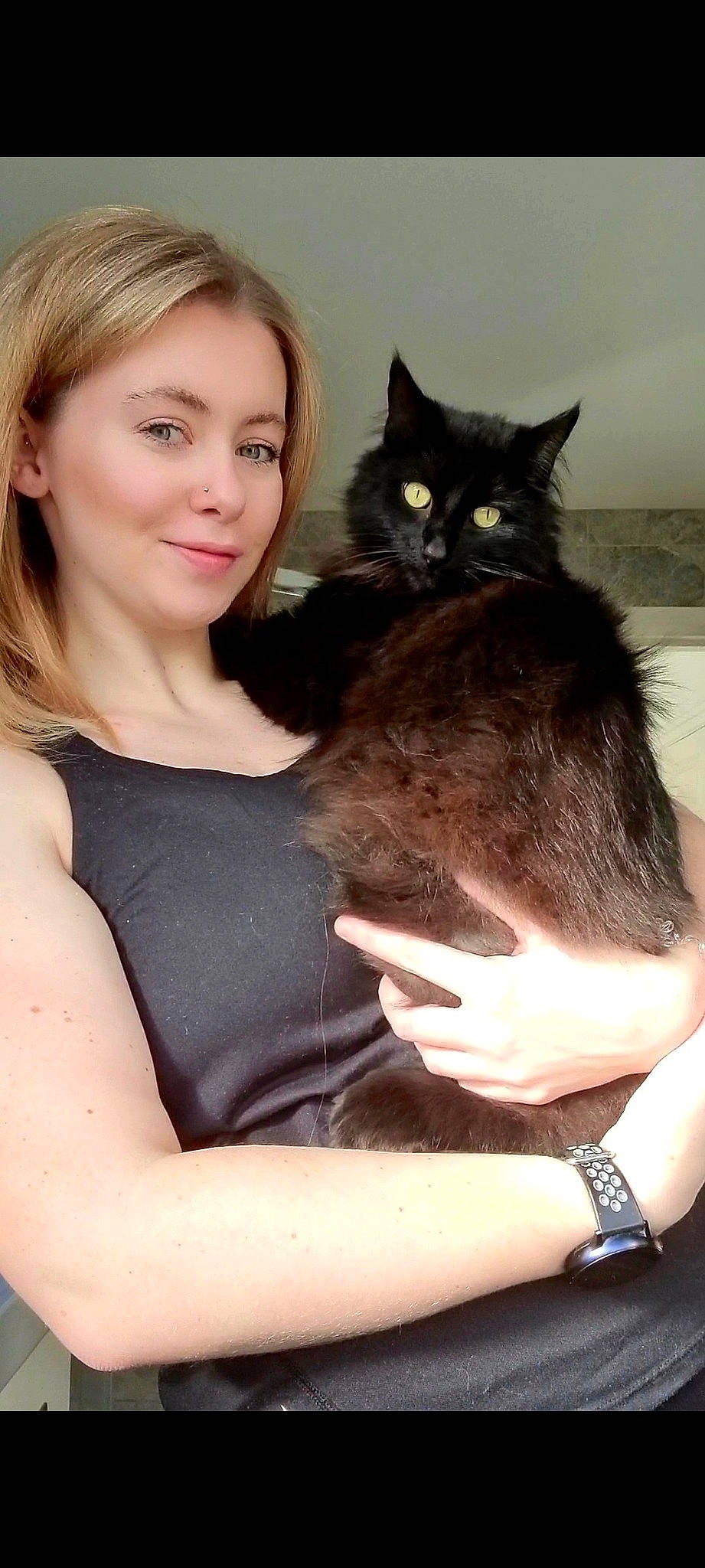 Asha joined the competition — help win amazing prizes! arm, black_cat, carnivore, cat, comfort, domestic_short_haired_cat, ear, fawn, felidae, fur, gesture, grey, hair, hand, happy, iris, long_hair, small_to_medium_sized_cats, watch, whiskers