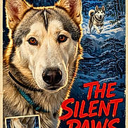 Bouboule a rejoint le concours — aidez-le/la à gagner de superbes lots ! dog, husky, sled_dog, canine, animal, winter, snow, forest, illustration, poster, vintage, movie_poster, dramatic, portrait, close_up, blue_tones, snowy_landscape, film_title, outdoor, adventure