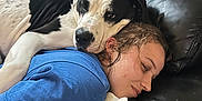Ace joined the competition — help win amazing prizes! dog, person, couch, black_leather, blue_shirt, resting, head, pet, companion, indoor, relaxing, affection, animal, human, closeup, comfort, casual, friendship, cozy, nap_time