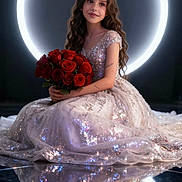 Nashley Hernandez is registered to the contest to win money with this photo: child, girl, princess, tiara, red_roses, bouquet, sparkling_dress, gown, long_hair, curly_hair, portrait, reflection, studio_lighting, circular_light, smile, sitting, elegant, pose, flower, glamour
