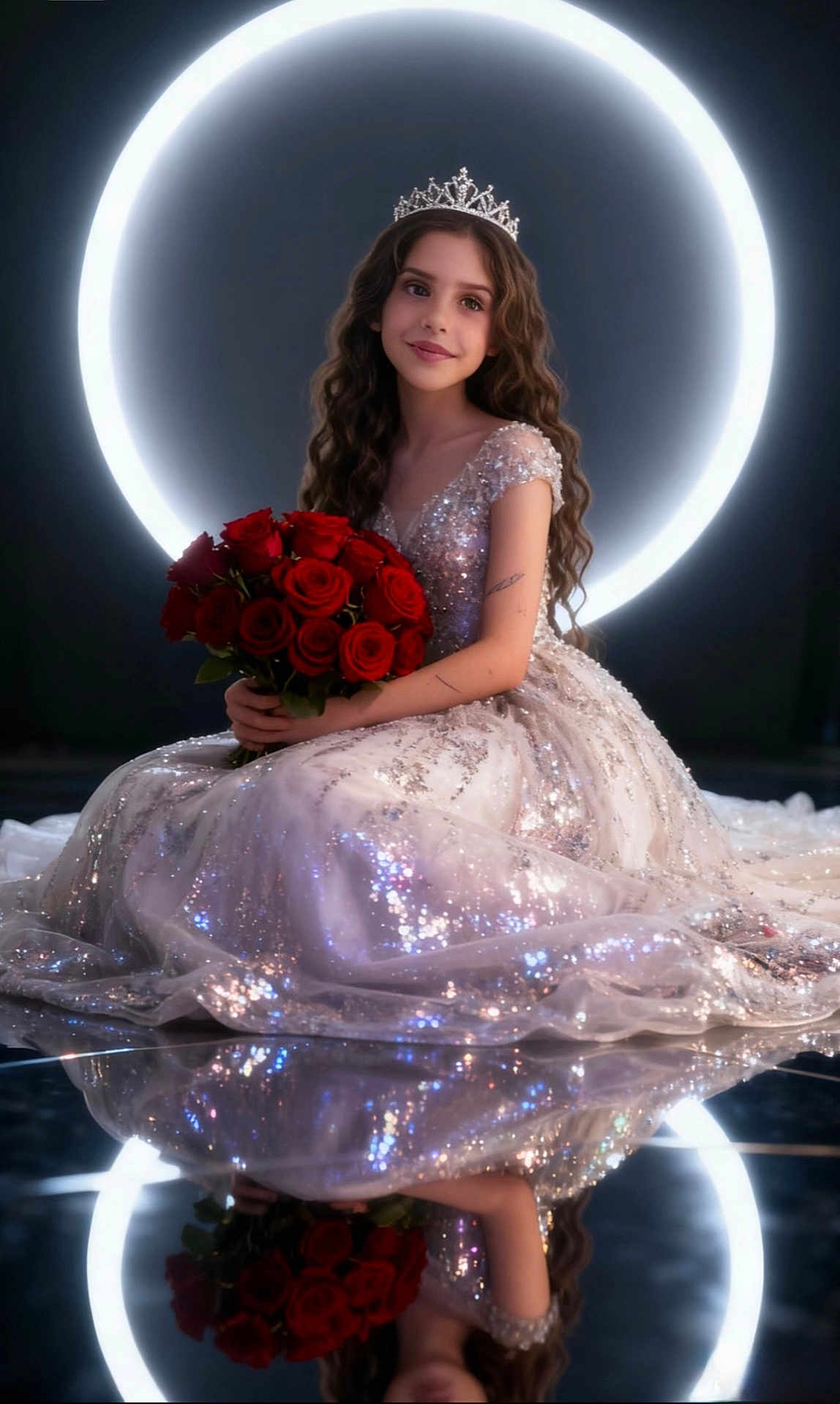 Nashley Hernandez is registered to the contest to win money with this photo: child, girl, princess, tiara, red_roses, bouquet, sparkling_dress, gown, long_hair, curly_hair, portrait, reflection, studio_lighting, circular_light, smile, sitting, elegant, pose, flower, glamour
