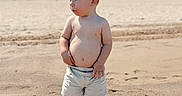 Bodhi is registered to the contest to win money with this photo: child, toddler, beach, sand, sunny, barefoot, shorts, sky, outdoor, summer, portrait, young, person, vacation, nature, daytime, cute, standing, shadow, casual