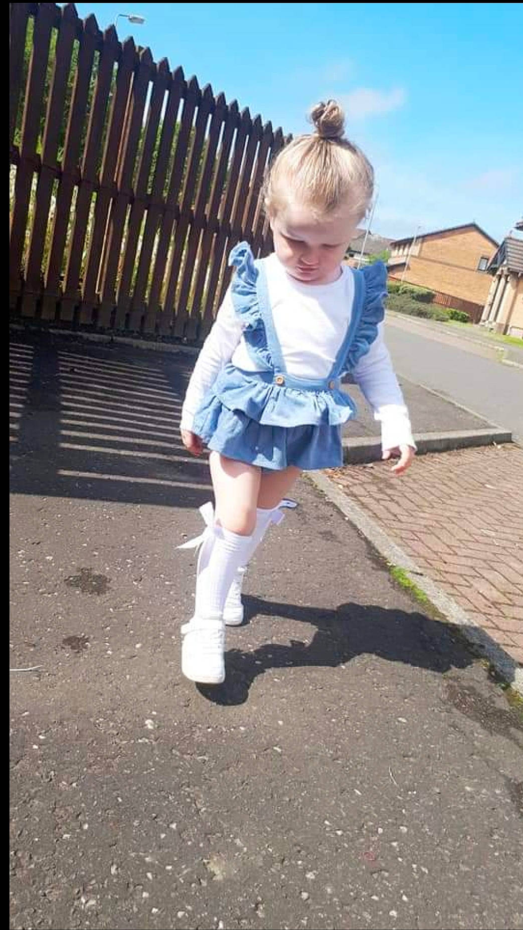 Ava joined the competition — help win amazing prizes! asphalt, blond, cloud, denim, electric_blue, grass, hair, happy, hime_cut, human_leg, knee, pattern, person, plaid, school_uniform, sky, sock, street_fashion, tartan, toddler