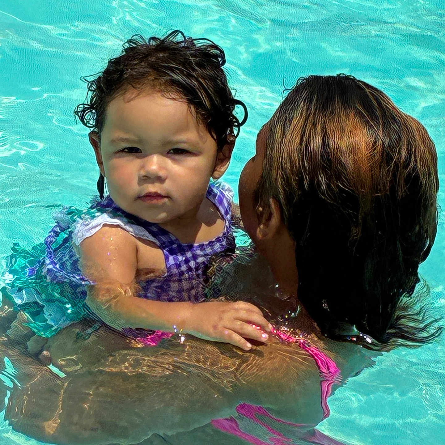 Journei joined the competition — help win amazing prizes! child, toddler, adult, pool, water, swimming, summer, outdoor, people, hair, face, skin, sunlight, splash, fun, vacation, holding, blue, swimsuit, play
