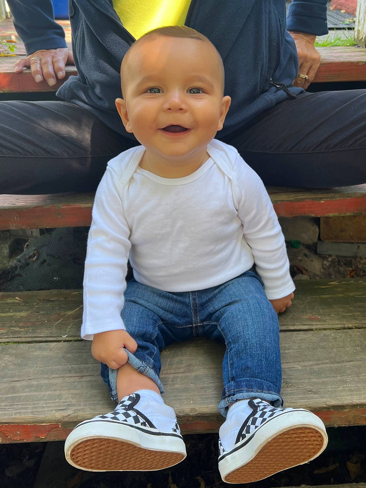 August is registered to the contest to win money with this photo: baby_toddler_clothing, black, blue, cheek, face, happy, joy, leg, leisure, people, person, photograph, product, shoe, sleeve, smile, sneakers, toddler, walking_shoe, white