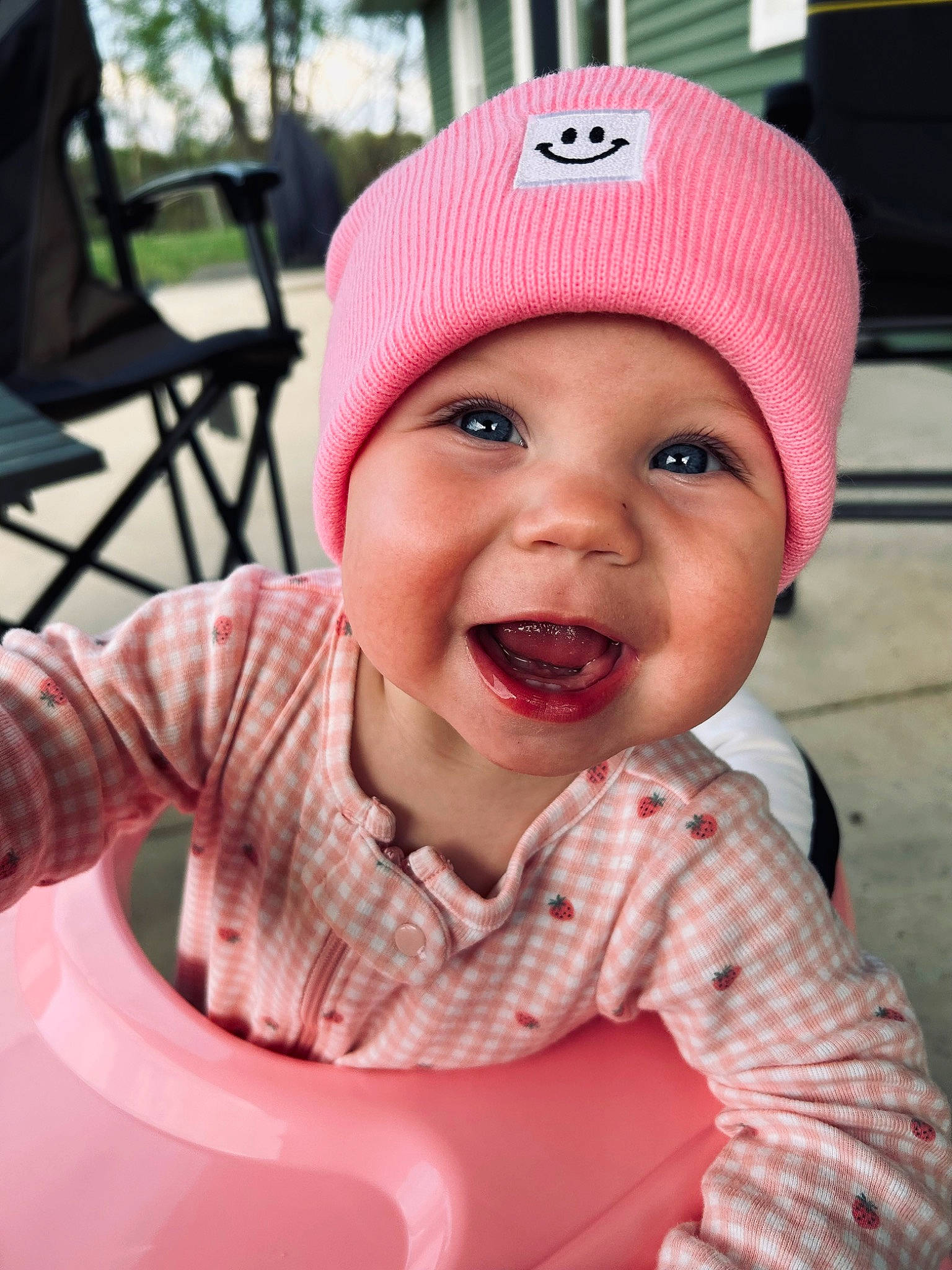 Averie joined the competition — help win amazing prizes! baby, baby_laughing, baby_toddler_clothing, cap, chair, cheek, child, fashion_accessory, happy, hat, headwear, lip, magenta, mouth, nose, person, pink, recreation, skin, sleeve