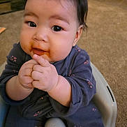 Scotti joined the competition — help win amazing prizes! baby, infant, child, messy_mouth, food_on_face, onesie, sitting, hands, fingers, baby_seat, highchair, carpet, indoor, portrait, big_eyes, eyelashes, cheeks, hair, cute, casual_clothing