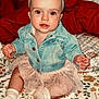 baby, child, denim_jacket, headband, bow, tutu, socks, bedspread, floral_pattern, indoor, portrait, cute, smiling, seated, infant, cozy, pillow, wall, wood, brick