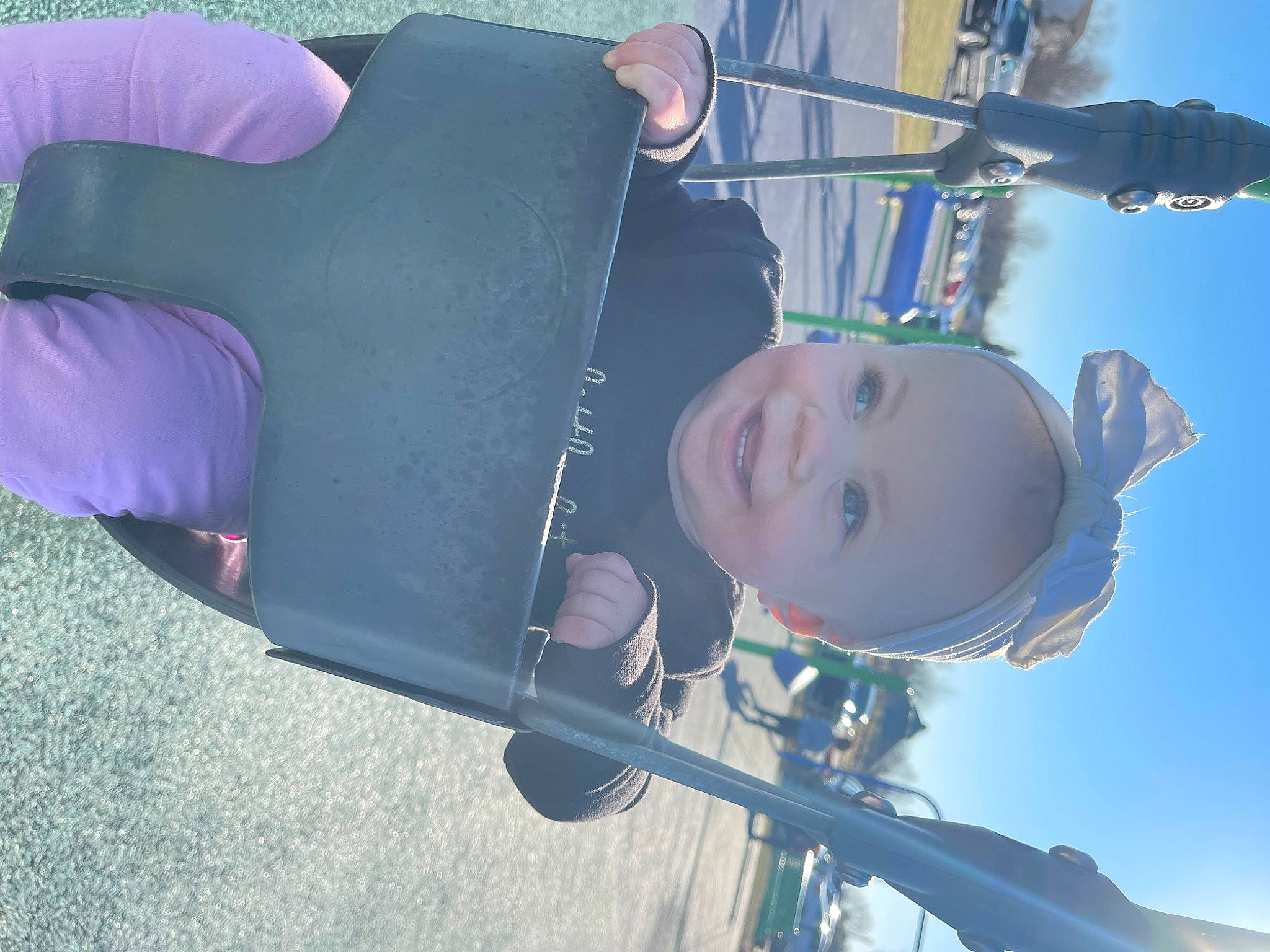 Abbigail joined the competition — help win amazing prizes! baby, child, city, cloud, elbow, electric_blue, fun, grass, happy, leisure, outdoor_play_equipment, person, playground, recreation, sky, smile, toddler, travel, tree, vacation