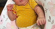 Gia is registered to the contest to win money with this photo: baby, bracelet, child, cushion, eyes, face, floral_pants, flower, hair, hand, headband, indoor, infant, pattern, person, pink_flowers, polka_dot, portrait, white_socks, yellow_shirt