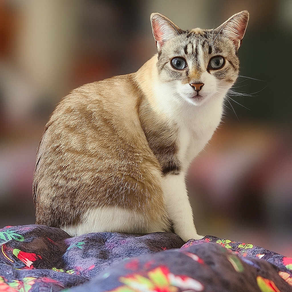 Guizmo participe au concours pour gagner de l'argent avec cette photo : animal, blanket, blue_eyes, cat, closeup, curious, cute, domestic_animal, feline, floral_pattern, focused, fur, indoor, mammal, pet, portrait, sitting, soft_background, tabby, whiskers