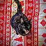 animal, blanket, cat, christmas_pattern, cozy, curious, cute, domestic_animal, feline, festive, fur, green_eyes, holiday, indoor, looking_up, pet, red_and_white, tabby_cat, tail, whiskers