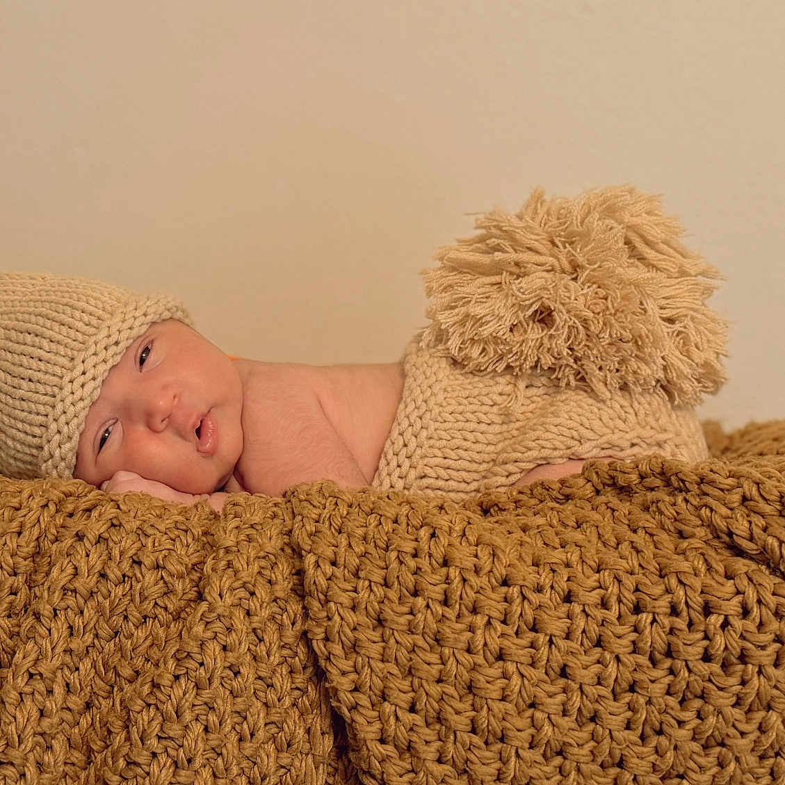 Tasho is registered to the contest to win money with this photo: baby, baby_clothing, beige, bunny_ears, child, chunky_blanket, cozy, cute, fluffy_tail, indoors, infant, knitted_diaper_cover, knitted_hat, lying_down, newborn, portrait, resting, sleepy, soft_texture, warm_colors