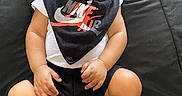 Salem joined the competition — help win amazing prizes! baby, black_bandana, black_bib, black_shorts, black_socks, child, cute, fashion, footwear, hands, indoors, infant, legs, peaceful, portrait, quilted_blanket, relaxation, resting, sleeping, white_onesie