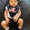 Salem joined the competition — help win amazing prizes! baby, sleeping, black_bandana, white_onesie, black_bib, black_shorts, black_socks, quilted_blanket, infant, cute, peaceful, indoors, child, resting, portrait, hands, legs, footwear, fashion, relaxation