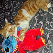 Simba a rejoint le concours — aidez-le/la à gagner de superbes lots ! animal, bed, blanket, cat, cozy, cute, feline, indoor, orange_cat, patterned_blanket, peaceful, pet, plush_toy, resting, sleeping, snuggling, soft_toy, stitch_toy, stuffed_animal, white_cat