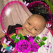 Rosaleen joined the competition — help win amazing prizes! baby, blanket, butterflies, child, closeup, colorful_clothing, cute, decorative, face, flowers, happy, head, infant, nature_overlay, pink, portrait, purple_roses, smiling, soft_texture, sparkles