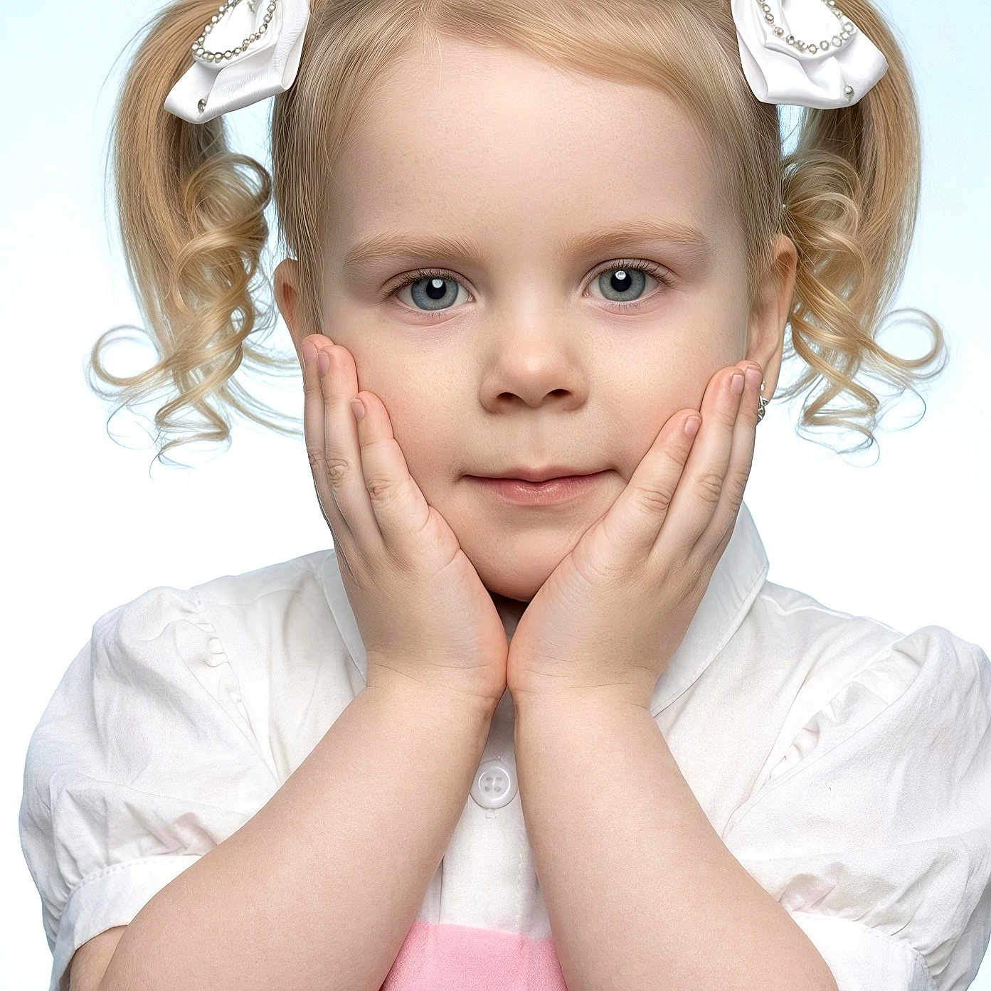 Frankie-Rae is registered to the contest to win money with this photo: child, girl, portrait, pigtails, bows, blue_eyes, hands, white_shirt, pink_dress, cute, innocent, closeup, face, smile, curly_hair, studio_light, soft_background, young, adorable, fashion