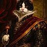 cat, portrait, royalty, costume, ruffled_collar, red_cape, gold_trim, scepter, fancy_clothing, black_and_white_cat, yellow_eyes, indoor, classical_painting_style, detailed_texture, noble, regal, animal_portrait, historical_style, luxury, elegant