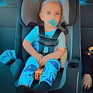 Matteo is registered to the contest to win money with this photo: toddler, child, car_seat, pacifier, toy_bus, blue_pajamas, car_interior, seatbelt, child_safety, vehicle, window, seat, person, baby, monsters, clothing, sitting, young_child, indoor, casual