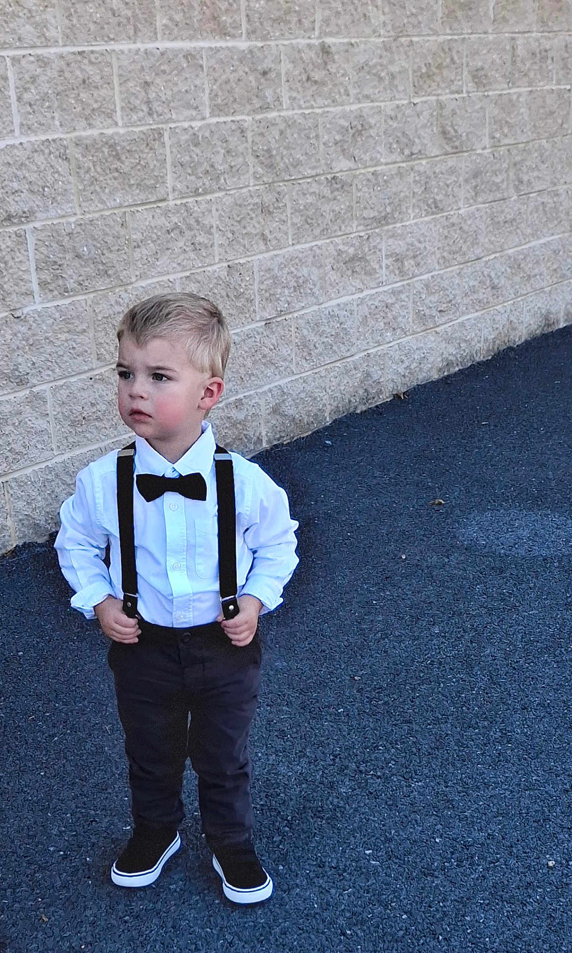 Tucker joined the competition — help win amazing prizes! child, boy, toddler, suspenders, bow_tie, white_shirt, black_pants, black_shoes, standing, outdoor, brick_wall, sidewalk, fashion, portrait, casual, young_child, looking_away, serious, cute, small