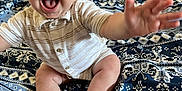 Teddy is registered to the contest to win money with this photo: baby, bed, blanket, child, clothing, cute, face, feet, hand, happy, indoor, infant, joyful, pattern, person, portrait, reaching, sitting, smiling, young