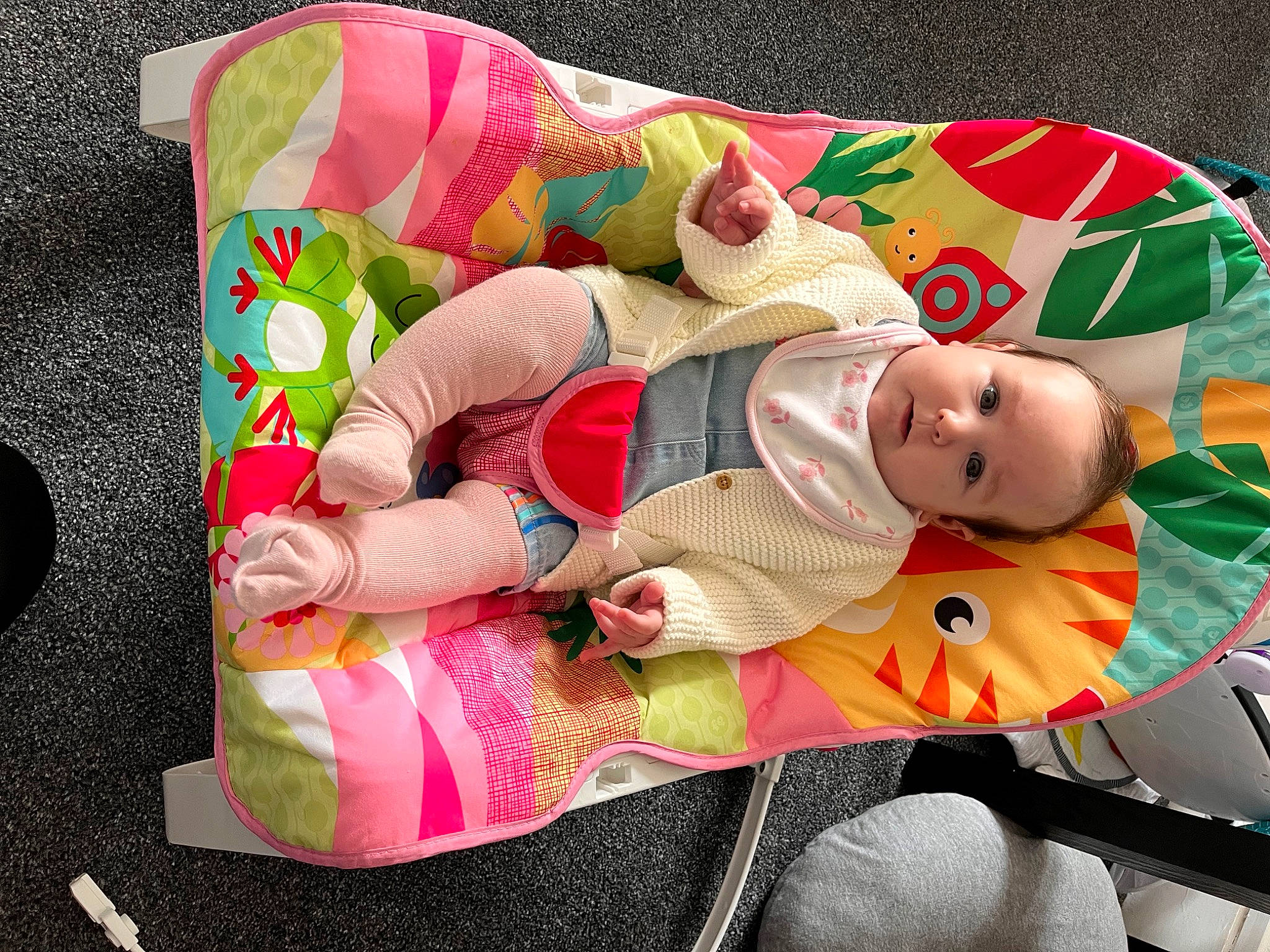 Elena is registered to the contest to win money with this photo: baby, baby_carriage, baby_products, baby_toddler_clothing, baby_toys, carmine, child, comfort, fictional_character, happy, lap, linens, pattern, person, pink, plush, sleeve, smile, stuffed_toy, textile