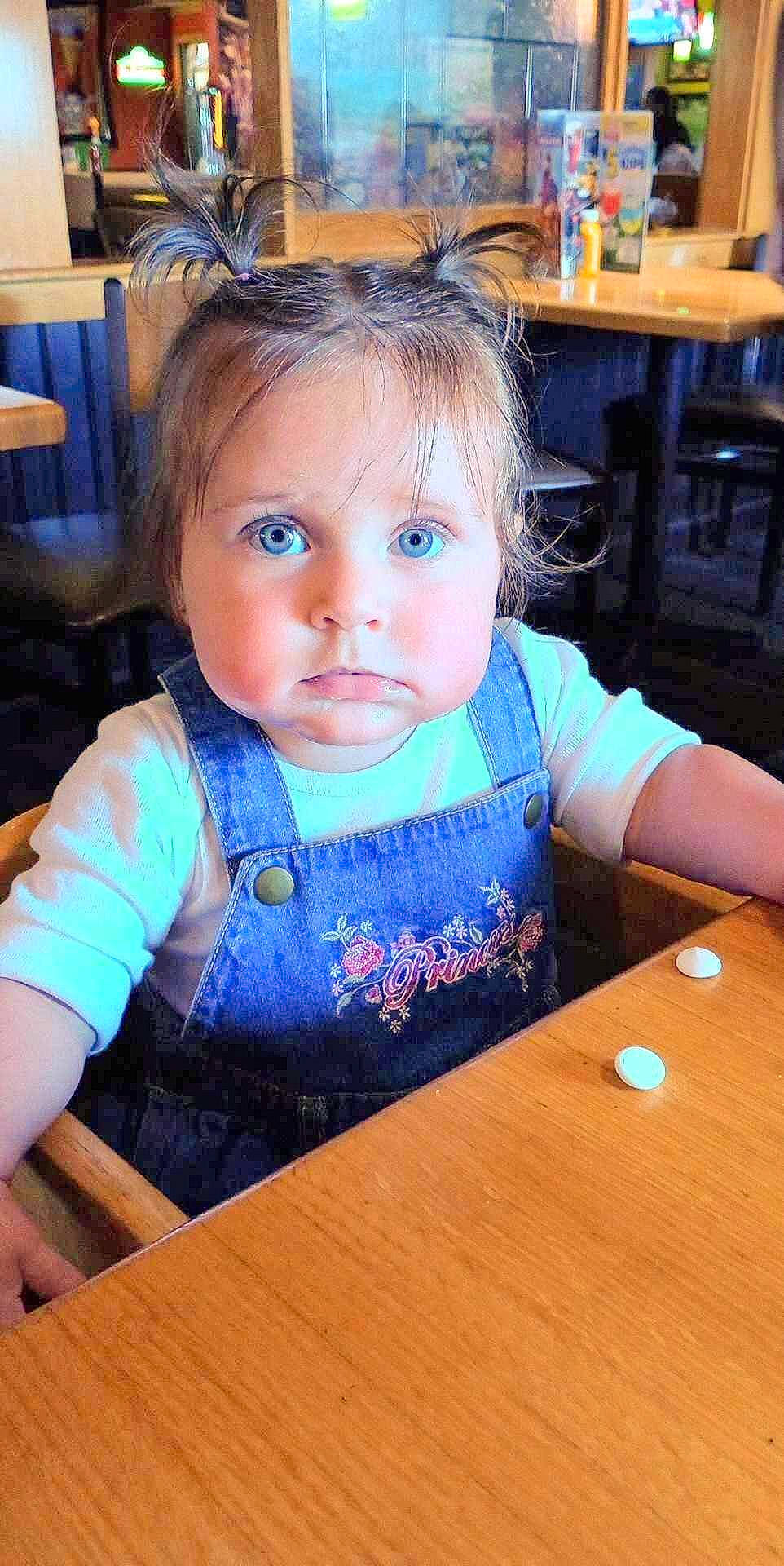 Elissa joined the competition — help win amazing prizes! baby_toddler_clothing, chair, cheek, child, electric_blue, eyelash, finger, fun, hairstyle, happy, iris, person, sitting, skin, t_shirt, table, tableware, toddler, varnish, wood