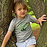 child, tree, outdoor, nature, greenery, boy, casual_clothing, shorts, tshirt, grip, bark, branches, smile, curious, playful, portrait, daylight, young, person, park