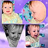 baby, black_and_white, blue_eyes, child, close_up, clothing, collage, colorful, cute, expression, face, happy, head, infant, love, patterned_background, portrait, smiling, sweater, text_overlay