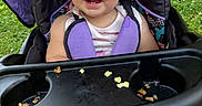 Winter is registered to the contest to win money with this photo: toddler, child, stroller, outdoor, grass, crumbs, tray, purple, black, pink_clothing, happy, smiling, seatbelt, baby, sunlight, face, legs, hair, blue_eyes, casual