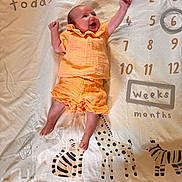Nevaeh-Leigh is registered to the contest to win money with this photo: baby, infant, orange_clothing, milestone_blanket, floor, wooden_floor, animal_illustrations, giraffe, zebra, tiger, smiling, lying_down, happy, child, newborn, six_weeks, raised_arm, cute, indoors, portrait