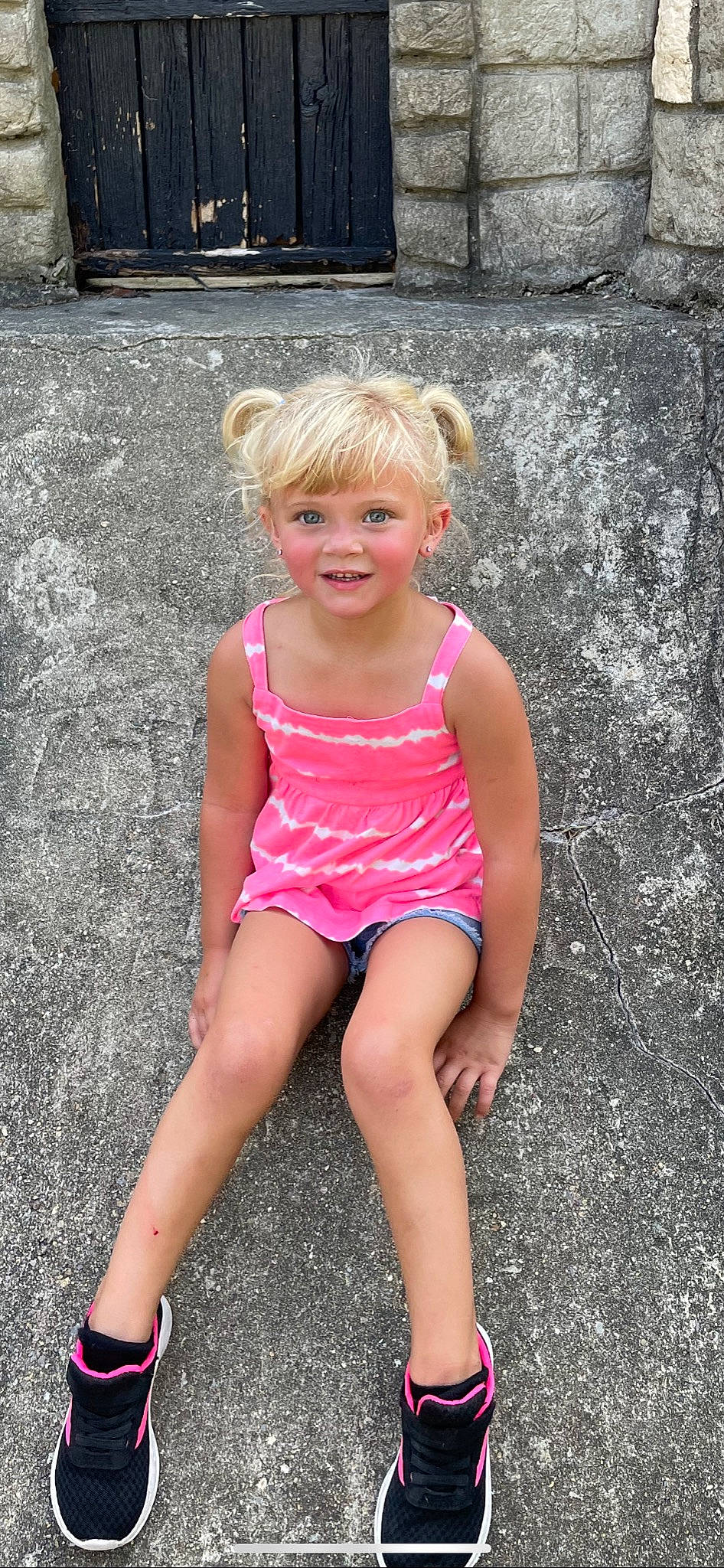 Brooklynn joined the competition — help win amazing prizes! asphalt, barefoot, calf, dress, grass, hairstyle, happy, joy, knee, leg, lip, neck, people, person, pink, road_surface, standing, summer, t_shirt, thigh