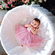 Wilbea is registered to the contest to win money with this photo: baby, pink_dress, fluffy_blanket, basket, flowers, pastel_colors, infant, cute, lying_down, adorable, soft_texture, decor, portrait, indoor, peaceful, child, small_hands, curious_look, cozy, toddler