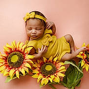 Isla joined the competition — help win amazing prizes! newborn, baby, sleeping, yellow_outfit, headband, sunflowers, flowers, soft_background, peaceful, infant, cute, portrait, closeup, child, floral, adorable, resting, skin, hands, feet