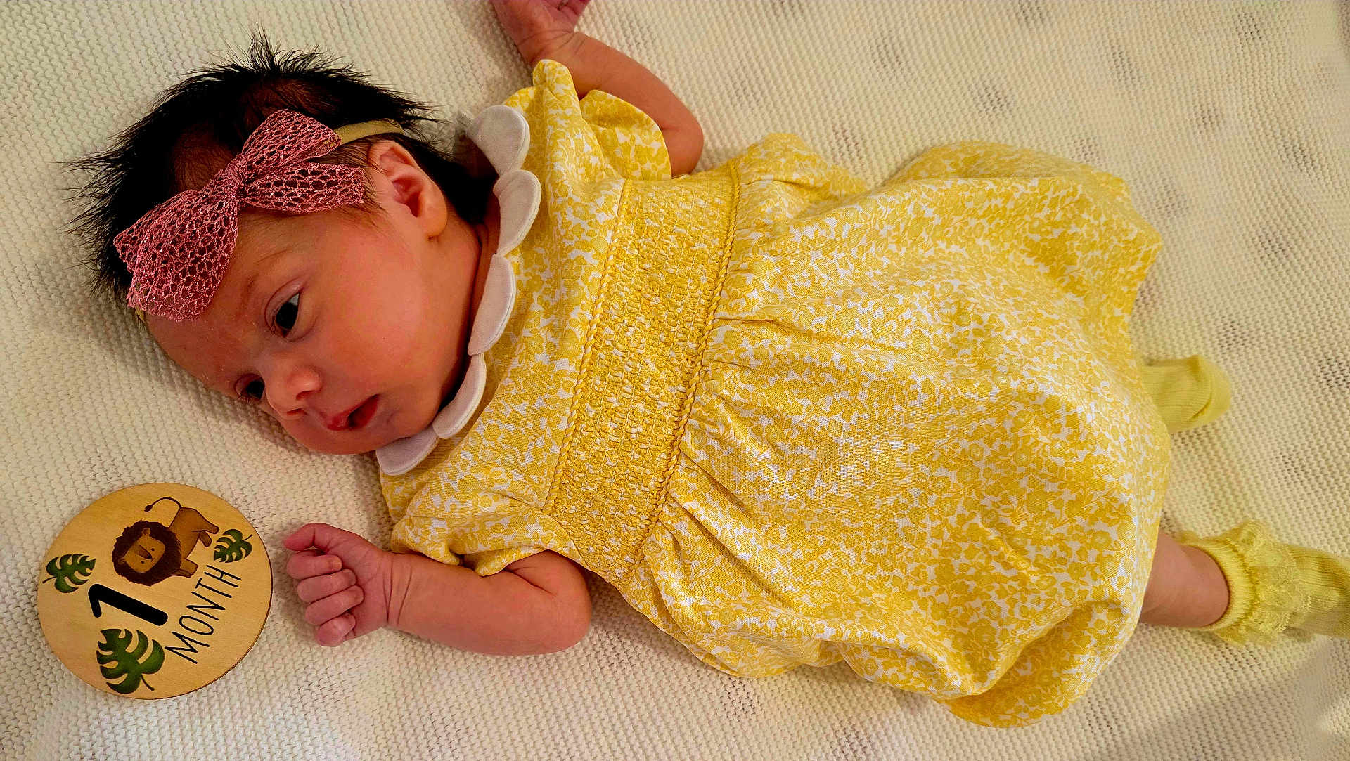 Athena is registered to the contest to win money with this photo: baby, infant, yellow_dress, pink_bow, wooden_sign, lion_illustration, month_marker, knitted_blanket, lying_down, newborn, cute, soft_lighting, portrait, child, one_month_old, baby_clothing, hand, footwear, close_up, indoor