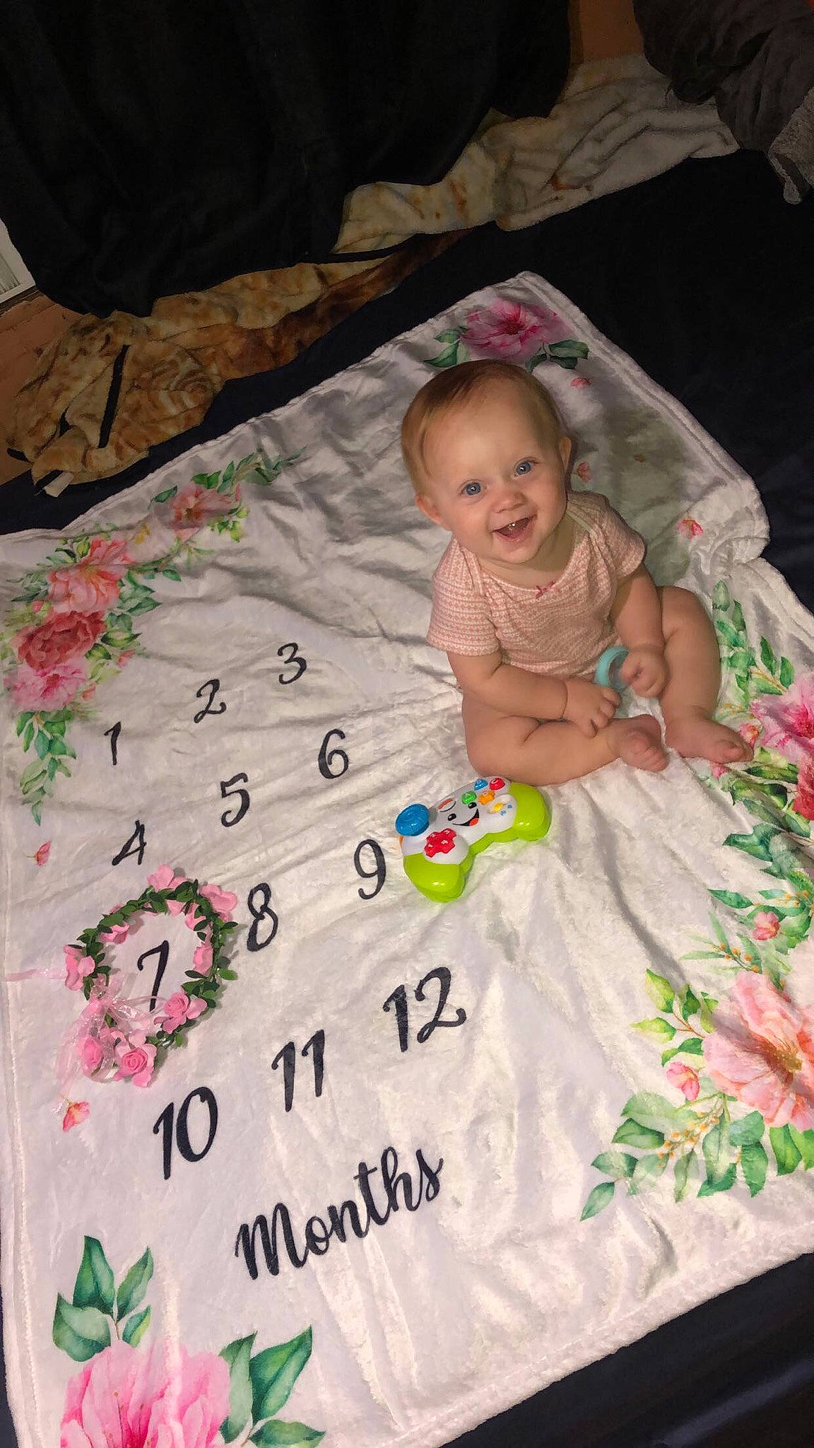 Adalynn joined the competition — help win amazing prizes! baby, baby_products, baby_toddler_clothing, bedding, cheek, child, comfort, hand, happy, joy, leaf, linens, mammal, pattern, person, pink, product, smile, t_shirt, textile