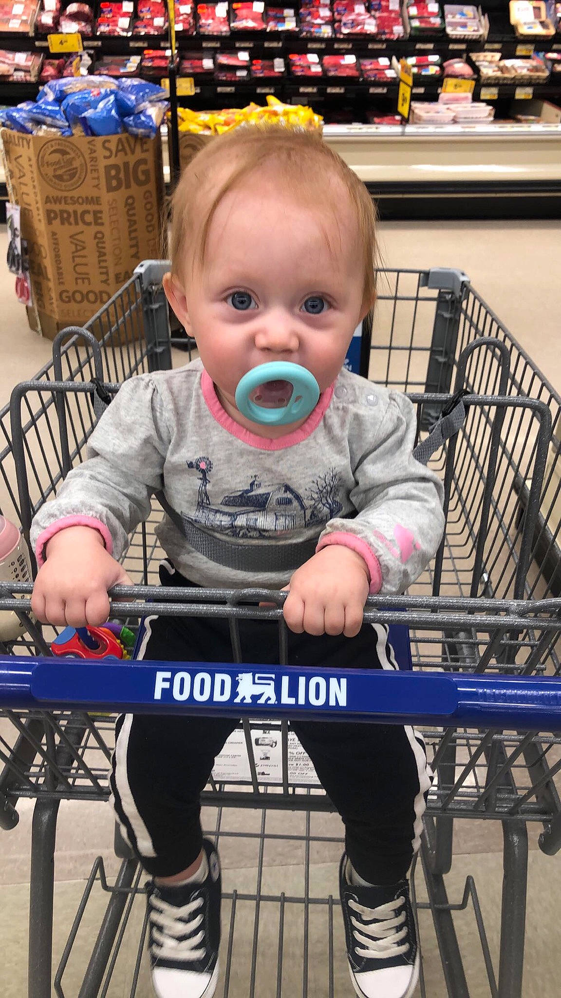 Adalynn joined the competition — help win amazing prizes! baby, baby_products, baby_safety, baby_toddler_clothing, blue, cheek, child, facial_expression, fun, human, mammal, organ, person, product, sitting, snapshot, standing, tire, toddler, vehicle