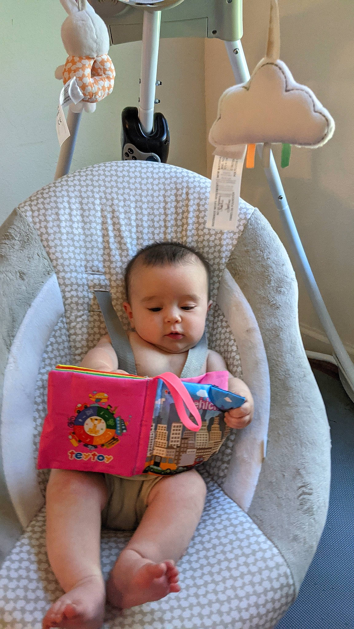 Evyanna joined the competition — help win amazing prizes! baby, baby_mobile, baby_products, baby_toddler_clothing, child, comfort, face, fun, happy, lap, leisure, linens, person, pink, product, room, sitting, swing, textile, toddler