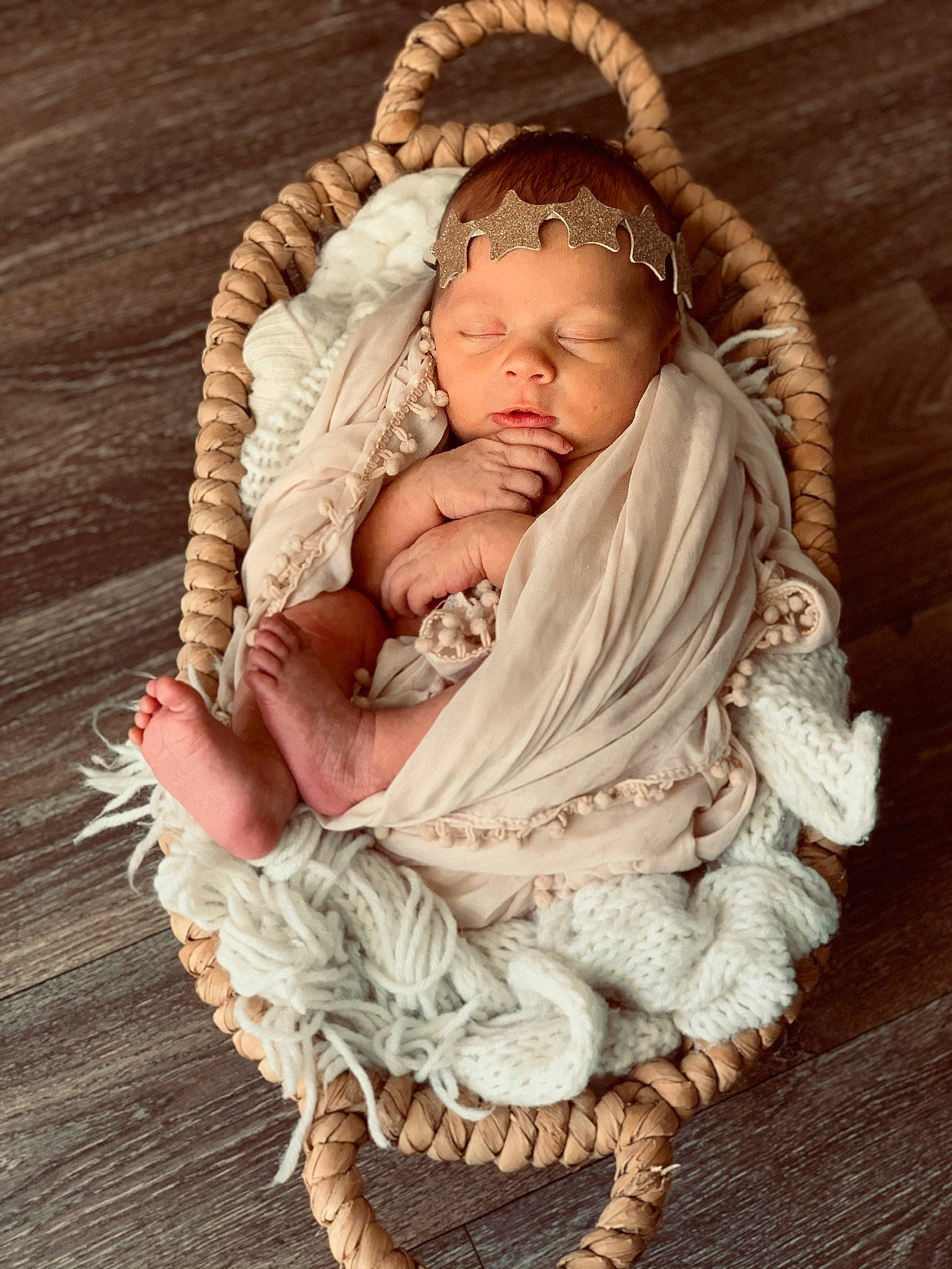 Delilah joined the competition — help win amazing prizes! baby, baby_products, baby_sleeping, baby_toddler_clothing, cheek, clothing, comfort, fashion_accessory, fawn, fur, grass, hand, headgear, linens, outerwear, peach, person, sitting, toddler, wood